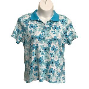 Studio Works Polo Top Womens 1X Aqua Floral Short Sleeve 1/4 Button-Up